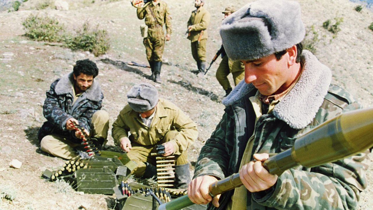 Azerbaijani soldiers prepare for a battle in Gulabird in the southern part of Nagorno Karabakh in October 1992. 