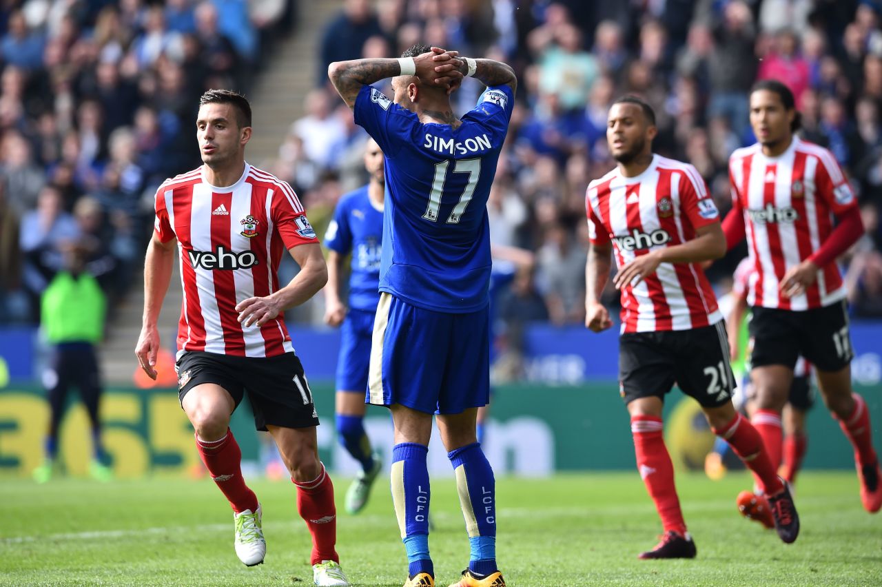 Leicester City's Danny Simpson (C) reacts after he missed a chance to increase his teams lead against Southampton.