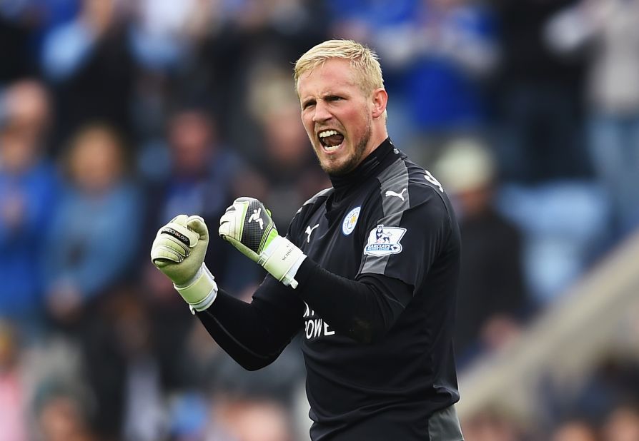 Leicester goalkeeper, Kasper Schmeichel, reacts at the full time whistle.