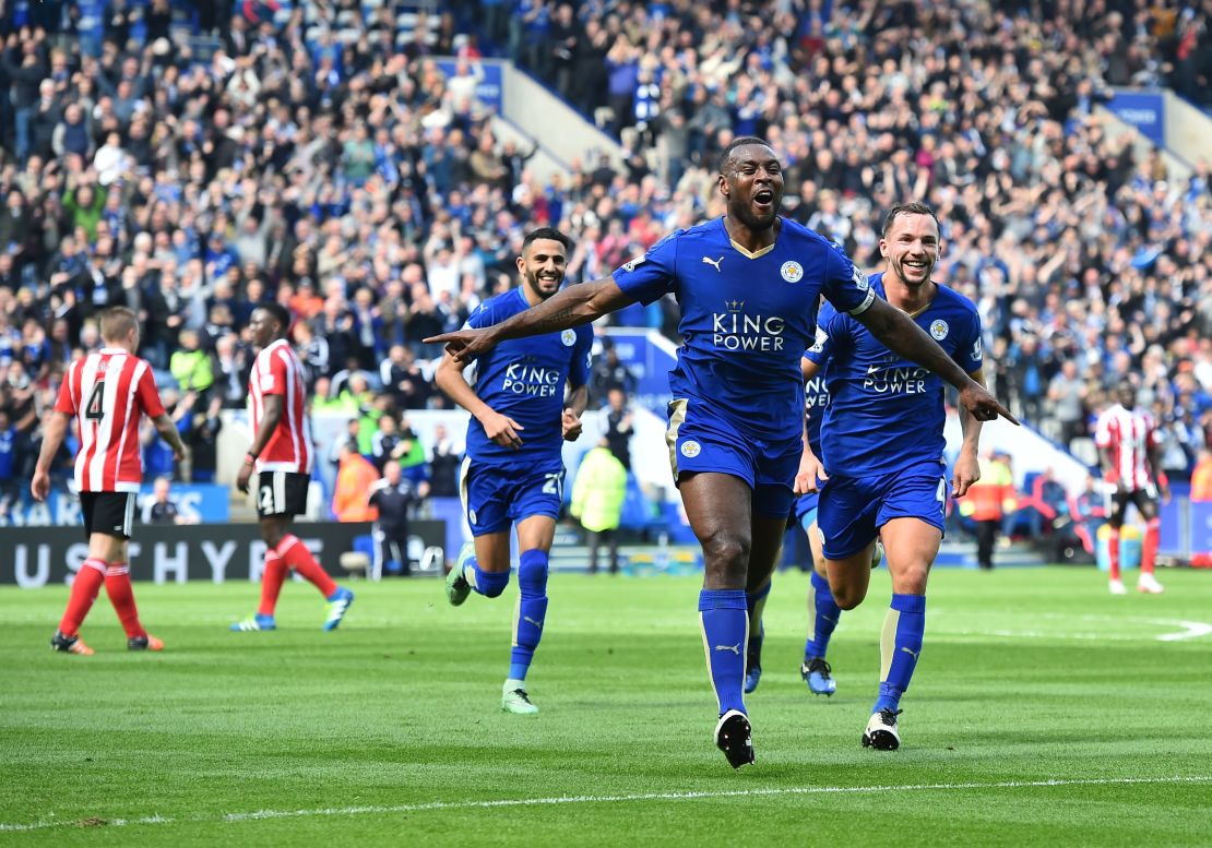 Leicester City's Wes Morgan celebrates scoring the only goal of the game against Southampton.