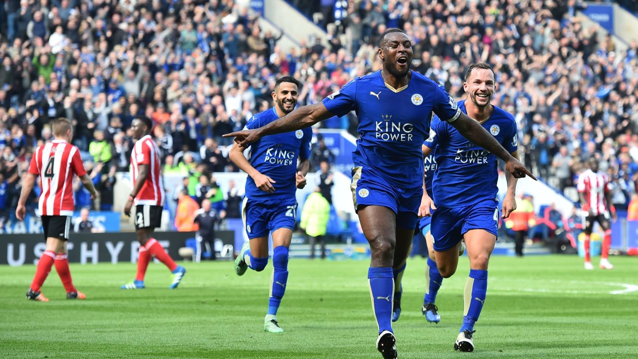 Leicester City's Wes Morgan celebrates scoring the only goal of the game against Southampton.