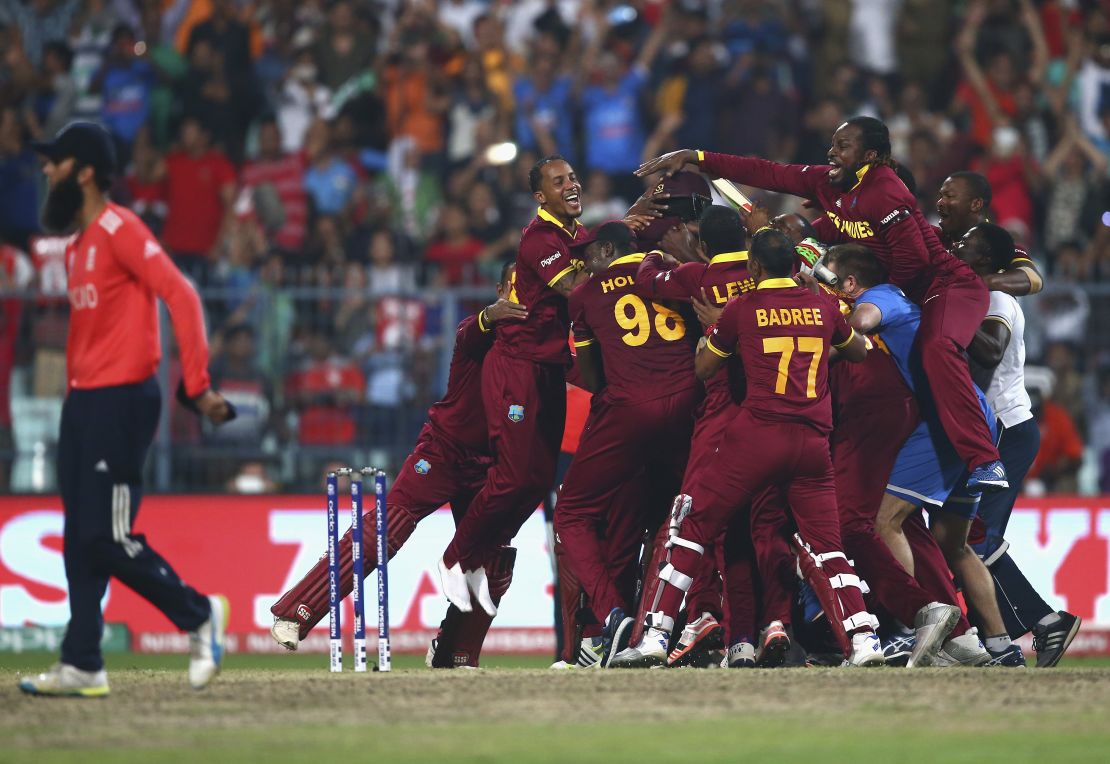 The West Indies celebrate victory after Carlos Brathwaite hit the winning runs during the ICC World Twenty20 final against England.