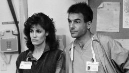 Mark Harmon as Dr. Robert 'Bobby' Caldwell and Cynthia Sikes as Dr. Annie Cavanero on the set of the 80s television show, St. Elsewhere. 