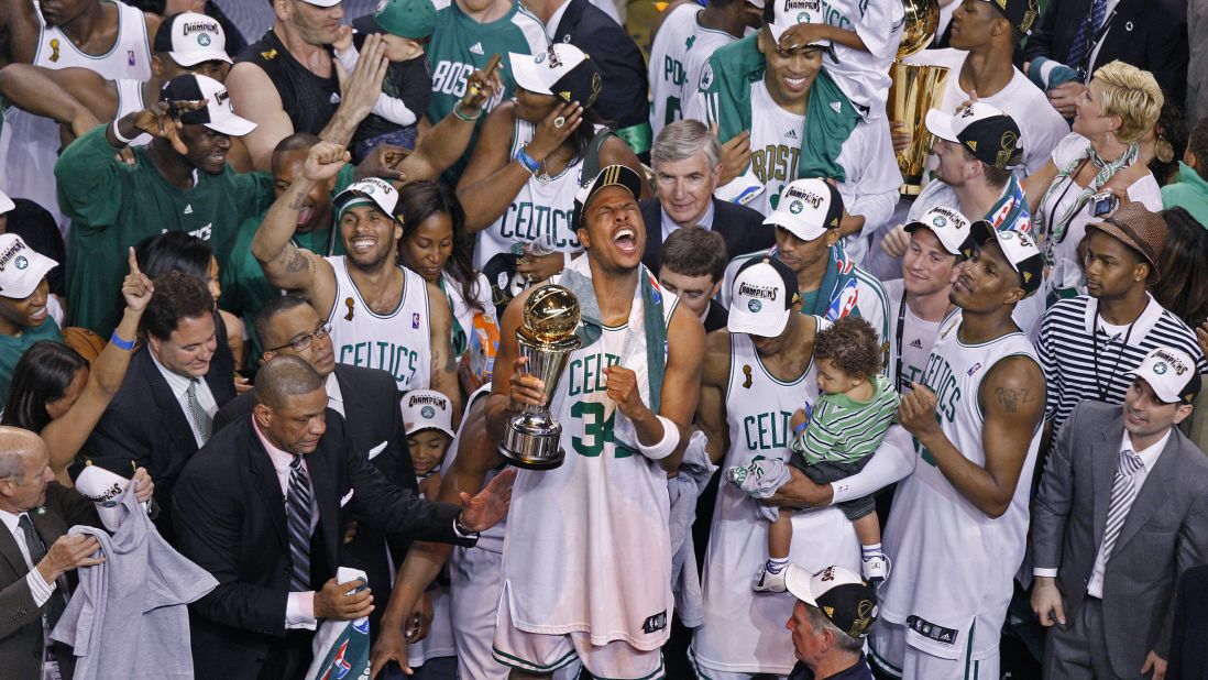 The Boston Celtics celebrate after winning the NBA championship in June 2008. It was the 17th title for the Celtics -- the most in league history. Take a look back at some of the greatest records set in the NBA Finals.