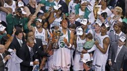 BOSTON - JUNE 17: The Boston Celtics defeated the Los Angeles Lakers to win the NBA Finals four games to two, and in the process, wrapped up the franchise's seventeenth NBA Championship. Captain Paul Pierce exults on the podium. (Photo by Jim Davis/The Boston Globe via Getty Images)