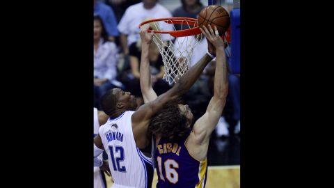<strong>Most blocks in an NBA Finals game: </strong> Dwight Howard blocks a shot by the Lakers' Pau Gasol during the 2009 NBA Finals. It was one of nine blocks the Orlando center had in Game 4.