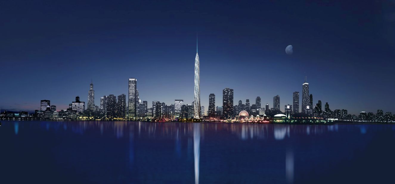 How different Chicago's skyline would have looked if Calatrava's 2005 design had been built. One thousand four hundred and fifty eight feet (444 meters) of slender twisted steel and glass, the Chicago Spire would have knocked the Willis Tower (formely the Sears Tower) down a peg, trumping it by a whole two meters and a whole lot of style. 