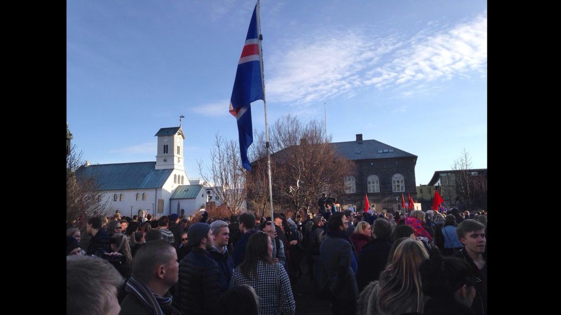 Some protesters waved Iceland's flag as they marched.