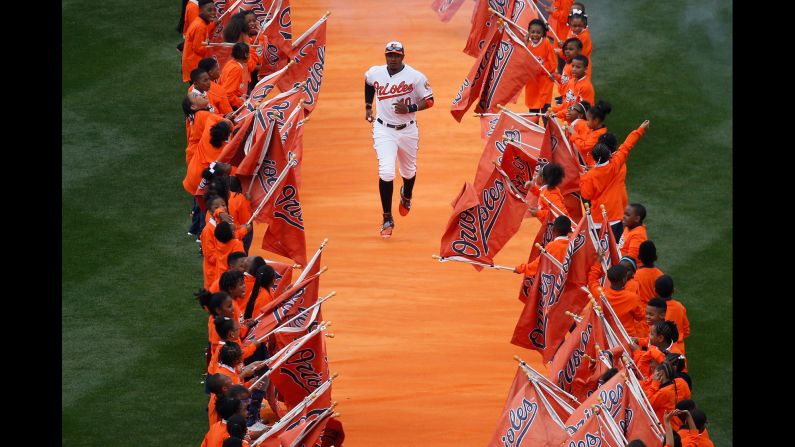 Adam Jones is introduced before the Baltimore Orioles' Opening Day baseball game on Monday, April 4.