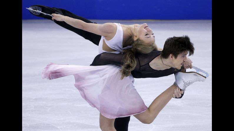Russian ice dancers Alexandra Stepanova and Ivan Bukin compete at the World Figure Skating Championships in Boston on Thursday, March 31.