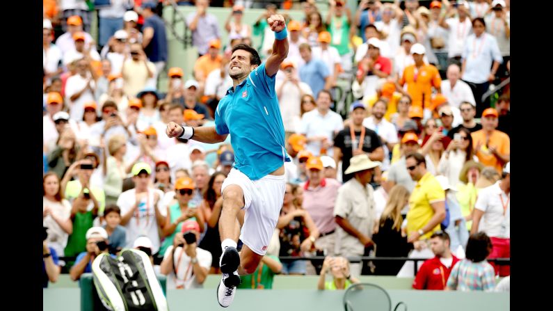 Novak Djokovic jumps for joy after defeating Kei Nishikori in the final of the Miami Open on Sunday, April 3. It is the sixth Miami Open title for Djokovic, the world's top-ranked tennis player.