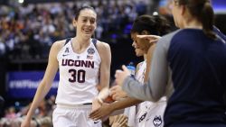 INDIANAPOLIS, IN - APRIL 03:  Breanna Stewart #30 of the Connecticut Huskies celebrates with teammates in the fourth quarter against the Oregon State Beavers during the semifinals of the 2016 NCAA Women's Final Four Basketball Championship at Bankers Life Fieldhouse on April 3, 2016 in Indianapolis, Indiana.  (Photo by Andy Lyons/Getty Images)