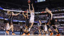 INDIANAPOLIS, IN - APRIL 03:  Breanna Stewart #30 of the Connecticut Huskies shoots against Deven Hunter #32 of the Oregon State Beavers in the second quarter during the semifinals of the 2016 NCAA Women's Final Four Basketball Championship at Bankers Life Fieldhouse on April 3, 2016 in Indianapolis, Indiana.  (Photo by Andy Lyons/Getty Images)