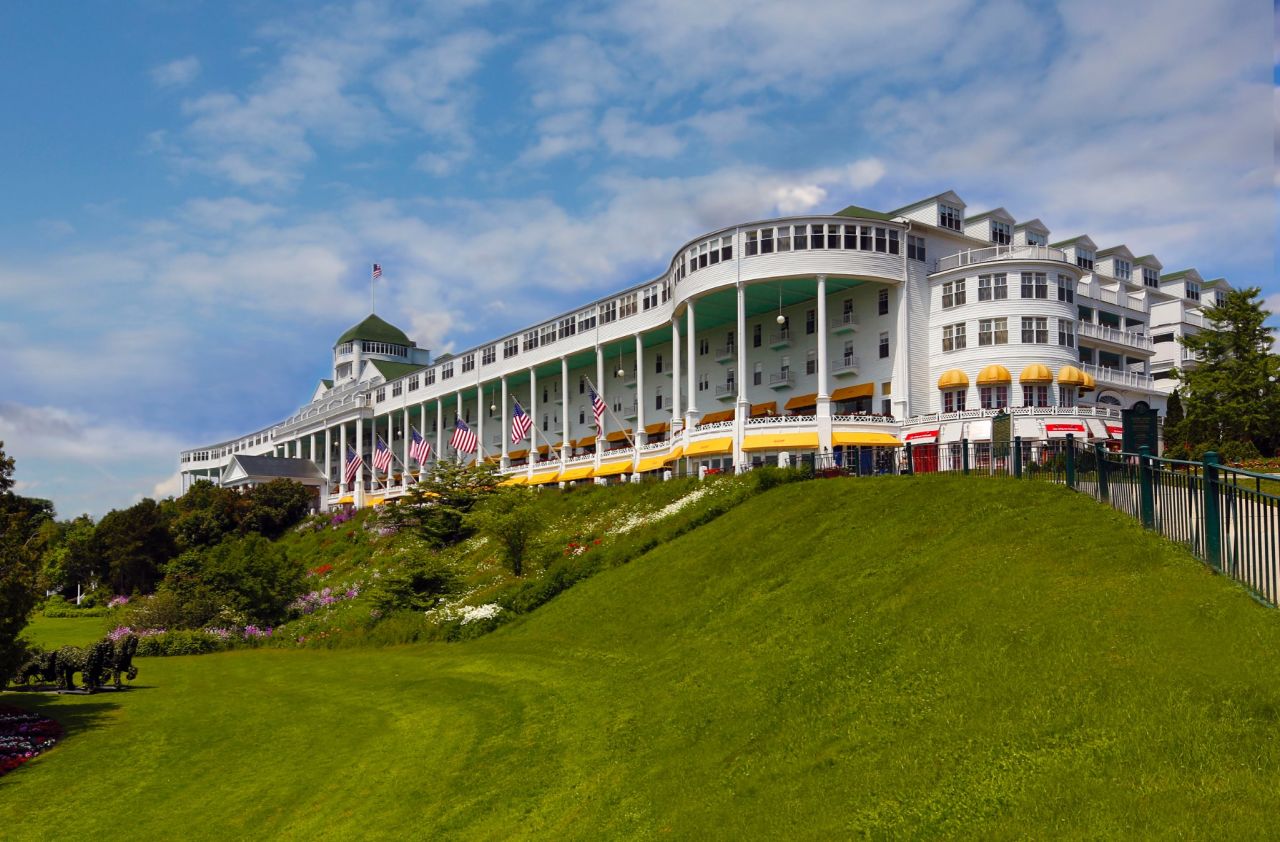 The Grand Hotel on Michigan's Mackinac Island opened in 1887. It was the result of a partnership between two railroads and a steamship navigation company.