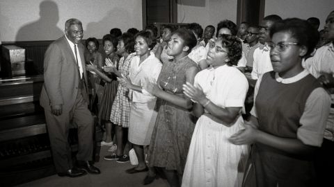 Robinson attends a meeting for Freedom Marchers in Williamston, North Carolina, in 1964. He was there to lend his name to the integration efforts in the city. 