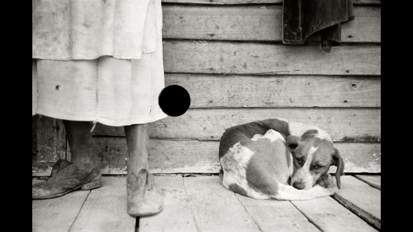 A sharecropper and dog are photographed in North Carolina in 1938. "It is certain that Stryker's use of a hole punch was strictly utilitarian; his only goal was to destroy negatives," McDowell wrote. "But in his act of censoring what images were 'suitable' for printing, Stryker unwittingly created a new picture, one that belonged neither to the mission of the photographer (nor to that of) the FSA."