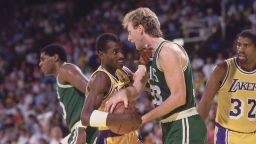 UNITED STATES - JUNE 14:  Basketball: NBA Finals, Boston Celtics Larry Bird (33) in action vs Los Angeles Lakers Michael Cooper (21), Inglewood, CA 6/2/1987--6/14/1987  (Photo by Peter Read Miller/Sports Illustrated/Getty Images)  (SetNumber: X34908 TK6 R2 F16)