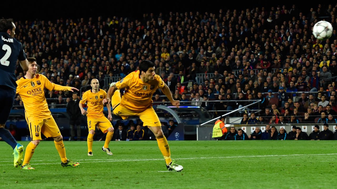 Suarez heads home his second and Barcelona's second in the 2-1 win over Atletico Madrid. 