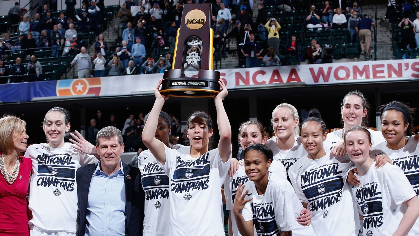The Connecticut Huskies celebrate after their 82-51 victory over the Syracuse Orange to win the NCAA women's basketball championship on Tuesday, April 5. UConn now has 11 titles, all under head coach Geno Auriemma.