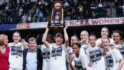 The Connecticut Huskies celebrate after their 82-51 victory over the Syracuse Orange to win the NCAA women's basketball championship on Tuesday, April 5.