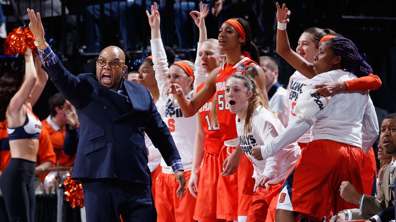 Syracuse head coach Quentin Hillsman and players react to a play.