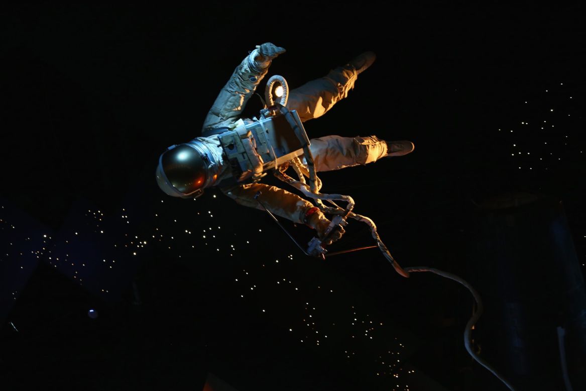 Flew into space. Forward into space. jump into space. cable in space.