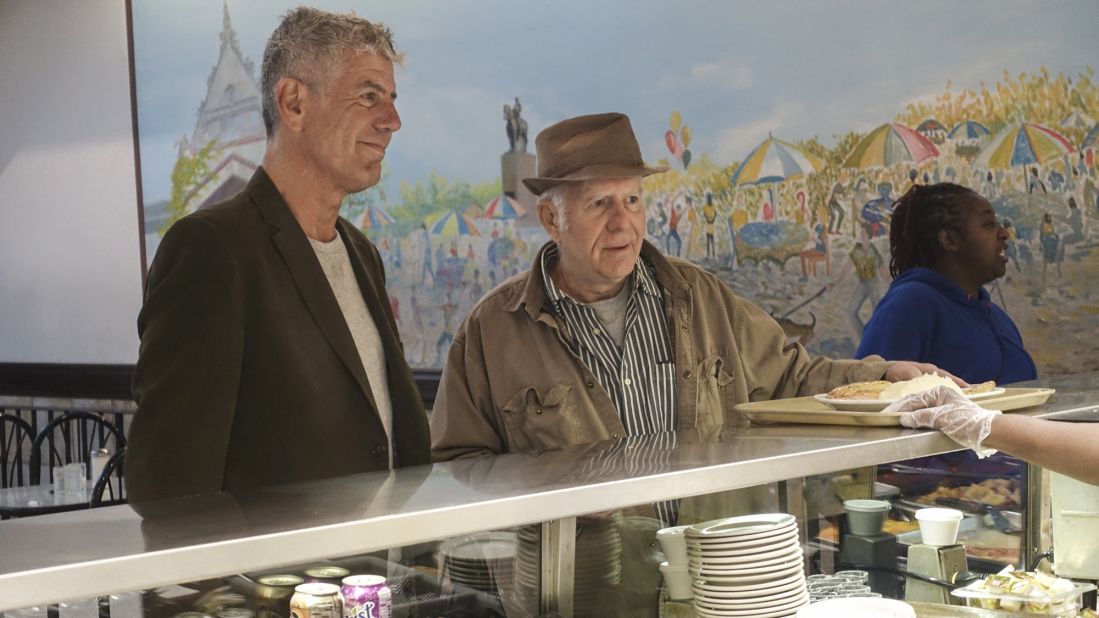 Anthony Bourdain and Chicago blogger and Old Town Ale House owner Bruce Cameron Elliott pick their pleasure at cafeteria-style Valois Restaurant.