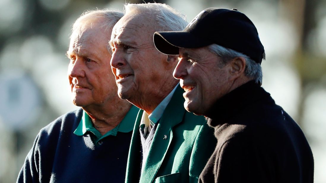 Arnold Palmer, center, joined Nicklaus, left, and Player on the first tee. The trio has won 13 Masters combined. 