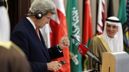 US Secretary of State, John Kerry (L) speaks near Saudi Arabia's Foreign Minister Adel al-Jubeir during a joint press conference after the ministerial meetings of the Gulf Cooperation Council (GCC) leaders  on April 7, 2016 in the Bahraini capital Manama.