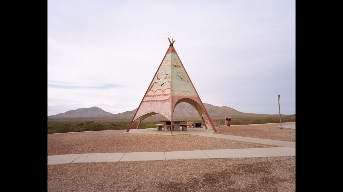 A teepee-like structure off Interstate 10 in Sierra Blanca, Texas.
