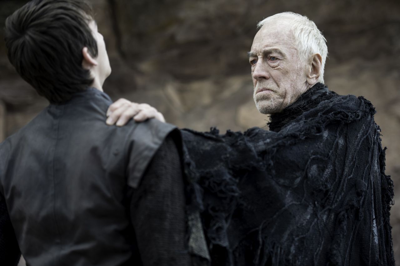 Bran Stark (Isaac Hempstead-Wright, left) appears here to be standing -- a marked improvement on his lower-body paralysis over the majority of the past five seasons. He's seen here with a new character, the Three-Eyed Raven (Max von Sydow).