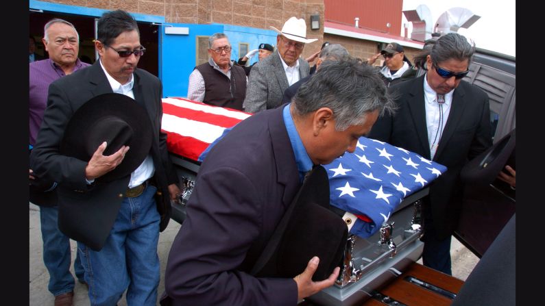 Pallbearers carry the casket of <a href="http://www.nytimes.com/2016/04/05/us/joseph-medicine-crow-tribal-war-chief-and-historian-dies-at-102.html" target="_blank" target="_blank">Joe Medicine Crow,</a> a historian and the Crow Tribe's last surviving war chief, during his funeral service in Montana on Wednesday, April 6. He was 102 years old.