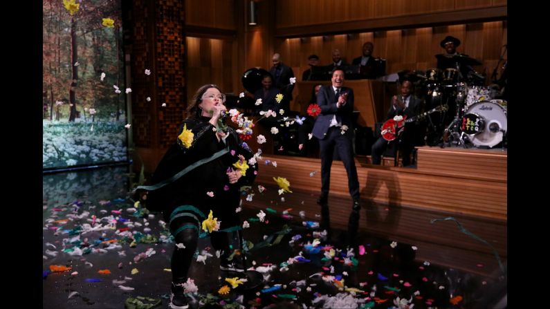Actress Melissa McCarthy participates in a "lip-synch battle" with "Tonight Show" host Jimmy Fallon on Monday, April 4.