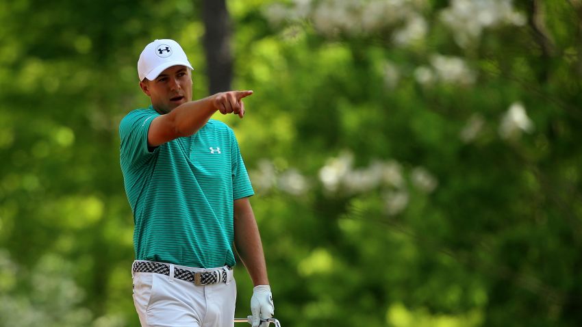 Jordan Spieth of the United States points on the 11th hole during the first round of the 2016 Masters Tournament at Augusta National Golf Club on April 7, 2016 in Augusta, Georgia.