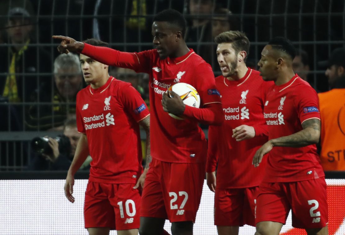 Liverpool's Belgian striker Divock Origi celebrates scoring against Borussia Dortmund in their Europa League quarterfinal first leg tie.