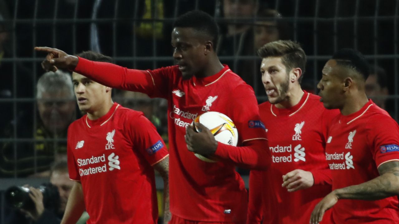 Liverpool's Belgian striker Divock Origi celebrates scoring against Borussia Dortmund in their Europa League quarterfinal first leg tie.