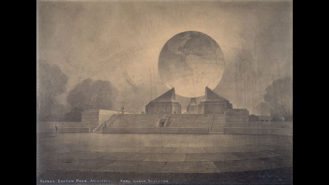 Little is known about Poor and Illava's concept for a Second World War memorial -- Nadja Bartels, director of the Tchoban Foundation admits as much. The Foundation, which exhibited this concept drawing by Hugh Ferriss at its show "American Perspectives" in 2015, speculated that it could have been envisioned for Central Park, New York, Bartels arguing the monolithic design invokes Boullee's concept for Newton's Cenotaph. Sketched by Ferriss, a trained architect who moved into drawing buildings rather than designing them, the monument would have been the second of Illava's in Central Park -- his memorial to the 107th Infantry was completed in 1927.