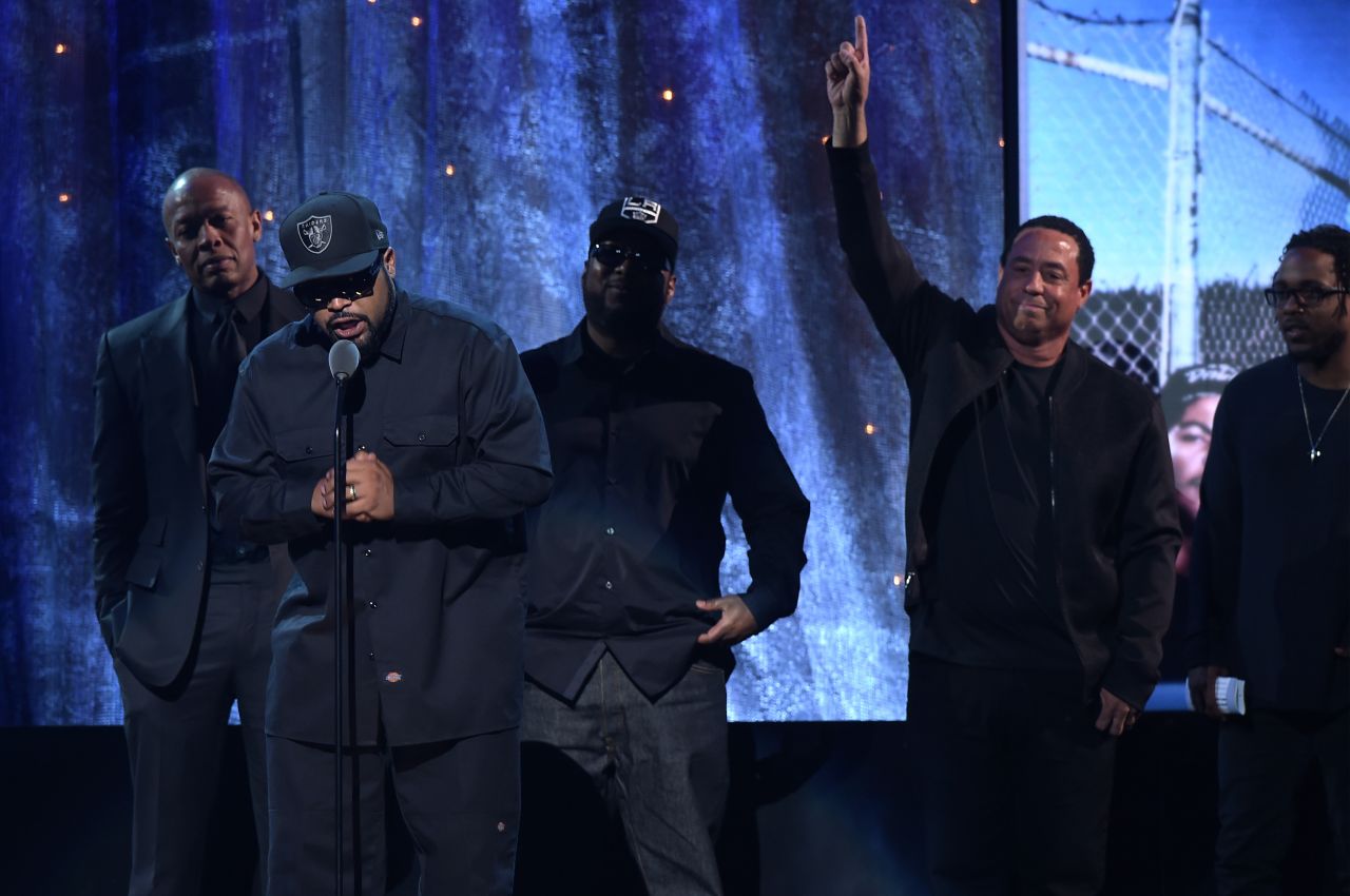 Ice Cube speaks during N.W.A.'s induction. They're visionaries who broke down barriers in society to let the rest of the world in on the harsh confinement of street life in America's forgotten corners, like Compton.