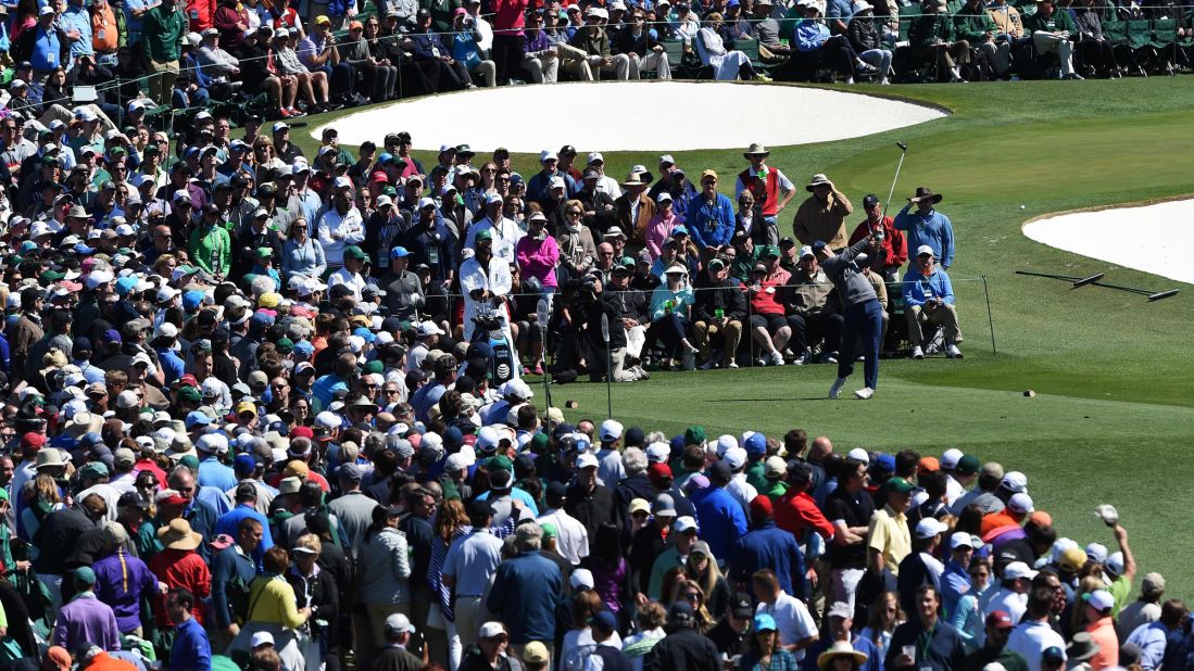 Spieth hits a tee shot during the third round on Saturday, April 9. Spieth shot a 1-over 73 to lead the tournament for a third straight day.