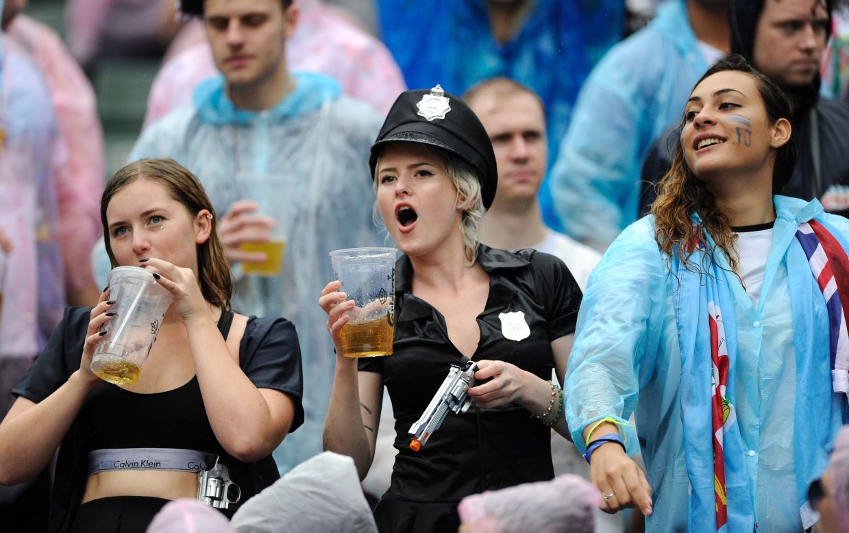 Spectators in fancy dress and enjoying the hospitality are a tradition at the Hong Kong Rugby Sevens.  