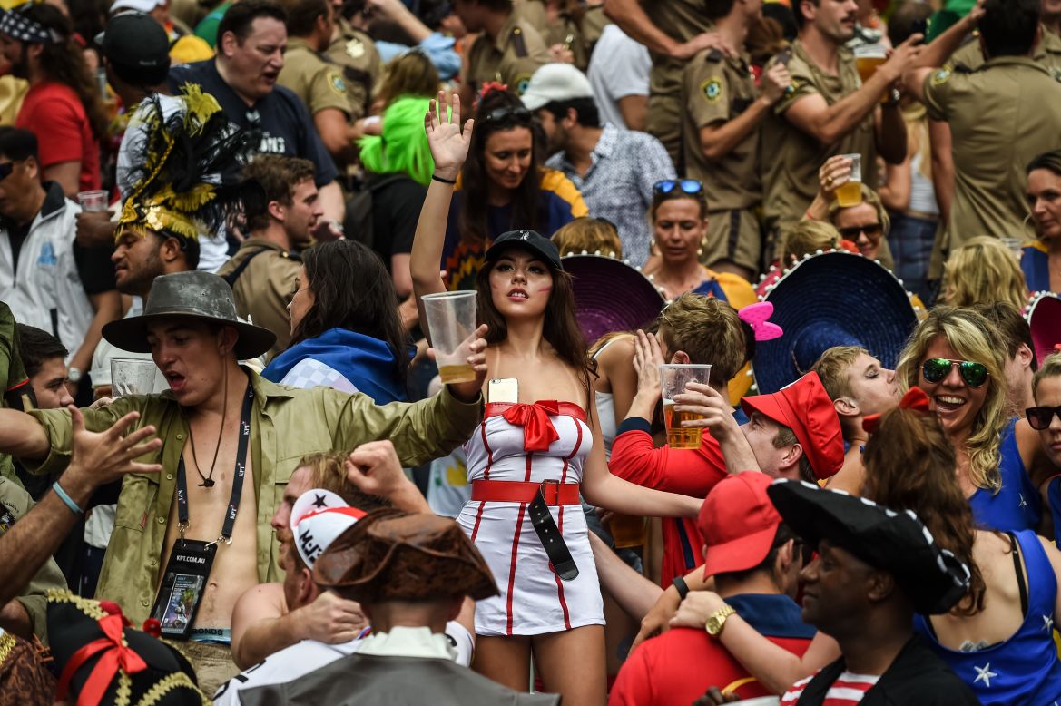 The majority of the capacity crowd on finals day at the Hong Kong Sevens opts for fancy dress based around team affiliation.