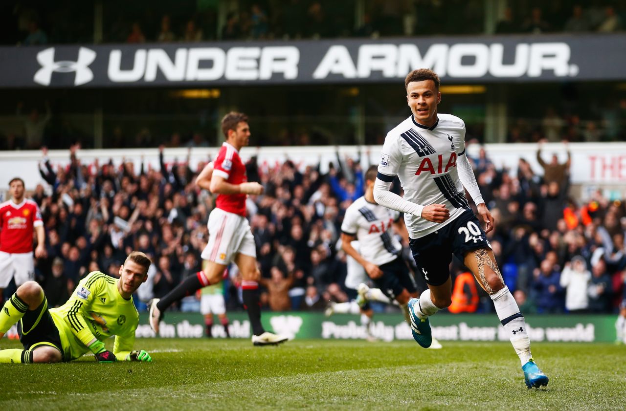Dele Alli wheels away after scoring Tottenham's opener in the 3-0 win over Manchester United. 