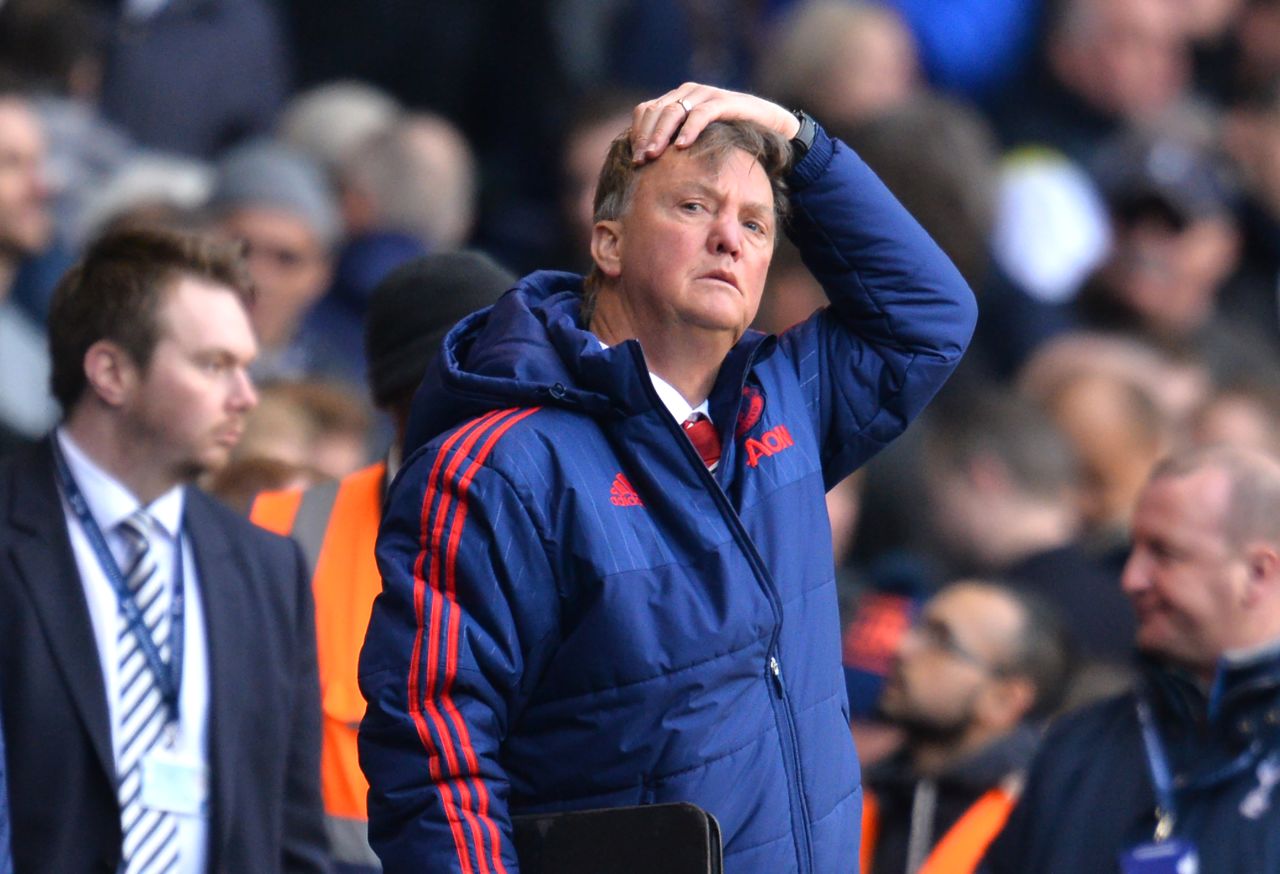 Manchester United's Dutch manager Louis van Gaal cuts a forlorn figure as his side slips to defeat at White Hart Lane.