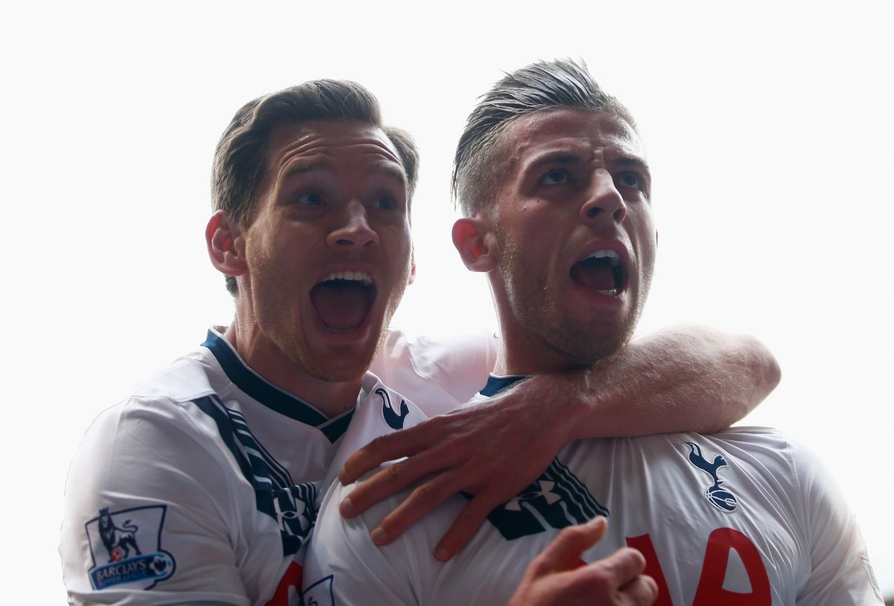 Toby Alderweireld (right) is embraced by fellow central defender Jan Vertonghen after heading Tottenham's second.