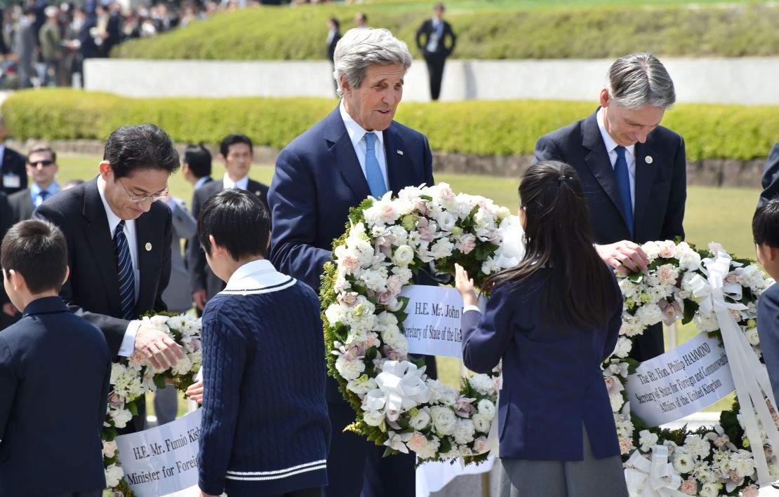 U.S. Secretary of State John Kerry, Japanese Foreign Minister Fumio Kishida and British Foreign Secretary Philip Hammond laid wreath sat the Memorial Cenotaph for the 1945 atomic bombing victims in the Peace Memorial Park in Hiroshima, Japan on April 11, 2016.