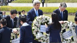US Secretary of State John Kerry, Japanese Foreign Minister Fumio Kishida and British Foreign Secretary Philip Hammond laid wreath sat the Memorial Cenotaph for the 1945 atomic bombing victims in the Peace Memorial Park in Hiroshima, Japan.