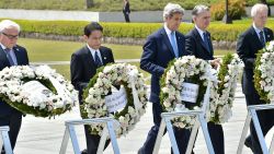 Germany's Foreign Minister Frank-Walter Steinmeier, Japan's Foreign Minister Fumio Kishida, US Secretary of State John Kerry, British Foreign Secretary Philip Hammond and Canada's Foreign Minister Stephane Dion offer wreaths at the Memorial Cenotaph for the 1945 atomic bombing victims in the Peace Memorial Park, on the sidelines of the G7 Foreign Ministers' Meeting in Hiroshima on April 11, 2016.
Kerry and other G7 foreign ministers made the landmark visit on April 11 to the memorial site for the world's first nuclear attack in Hiroshima.
  / AFP / POOL / Kazuhiro NOGI        (Photo credit should read KAZUHIRO NOGI/AFP/Getty Images)