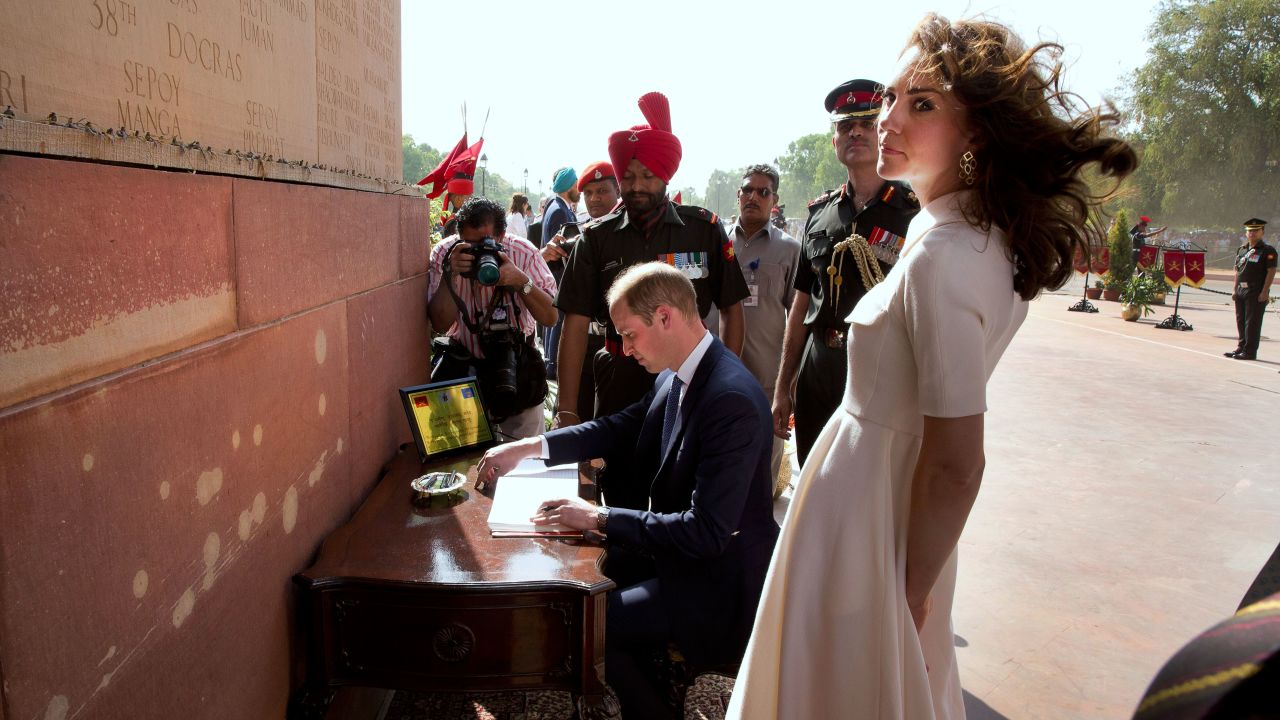 William signs a visitors book at the India Gate war memorial on April 11.