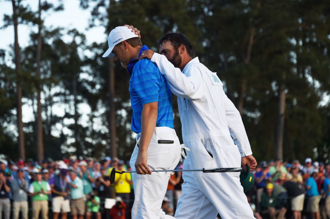 Spieth and caddy Michael Greller went through a torrid afternoon at Augusta. 