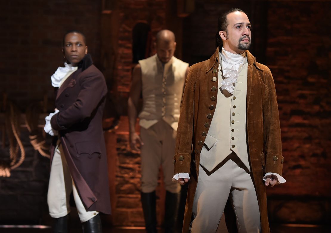 Actor Leslie Odom Jr., left,  and actor-composer Lin-Manuel Miranda on stage during the "Hamilton" performance at the Grammys on February 15, 2016, in New York City.  